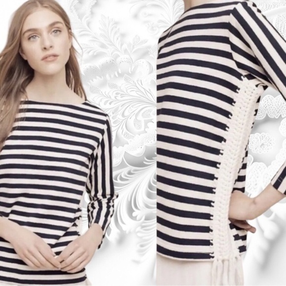 Anthropologie Pepin Blue Striped Ponte Top With Crochet Insets On Sides - Picture 1 of 8